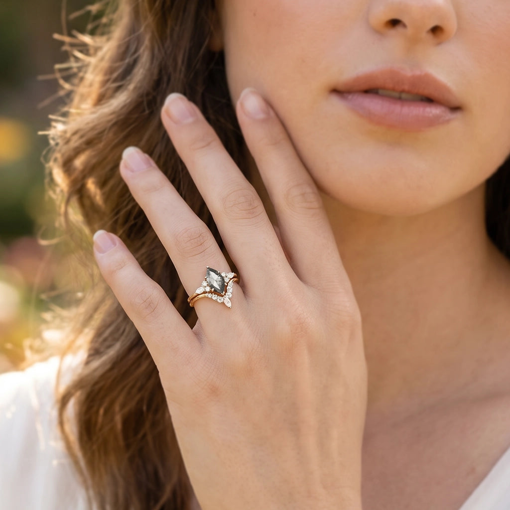 Isadora's Reverie | 1CT Marquise Cut Salt & Pepper Diamond Vintage Bridal Set 2pcs