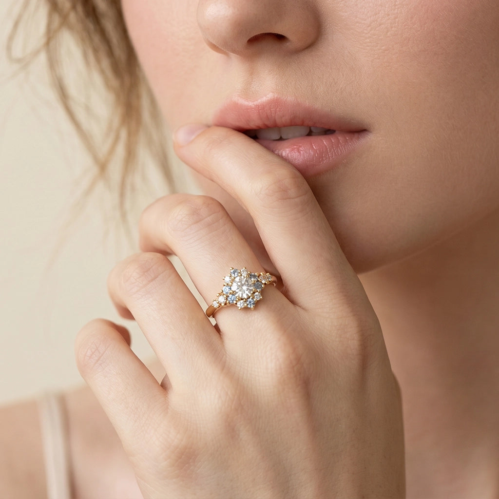 Liora's Corolla | Oval Diamond Engagement Ring with Aquamarine Petal Halo.