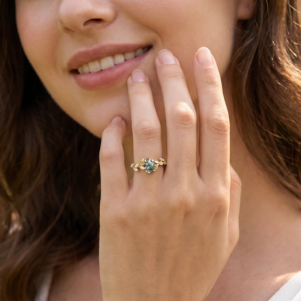 Celandine’s Tendril | Pear Cut Moss Agate Vine Engagement Ring.