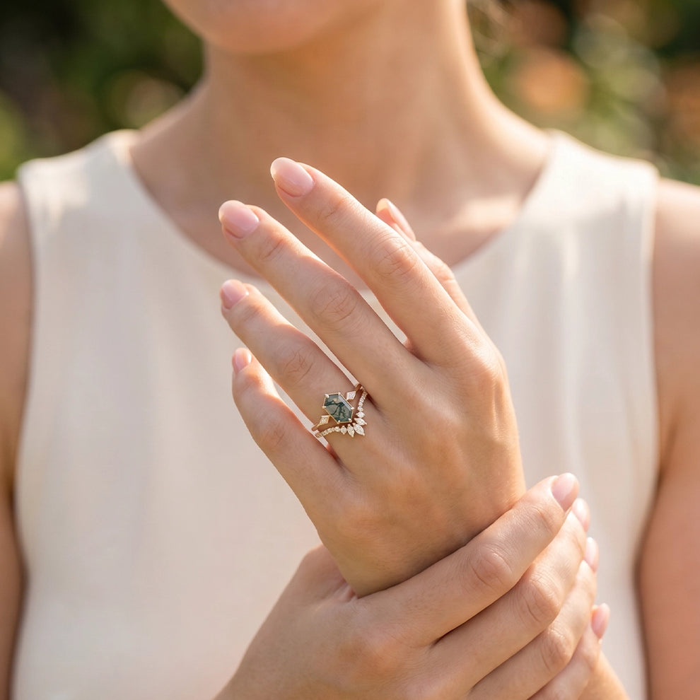Elara’s Trio | Long Hexagon Moss Agate Three Stone Bridal Set 2pcs.