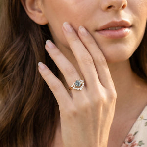 1.0ct Hexagon Moss Agate Cluster Engagement Ring Set 2pcs.