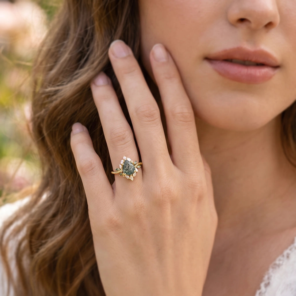 Daphne's Bloom | Pear Moss Agate & Diamond Cluster Engagement Ring