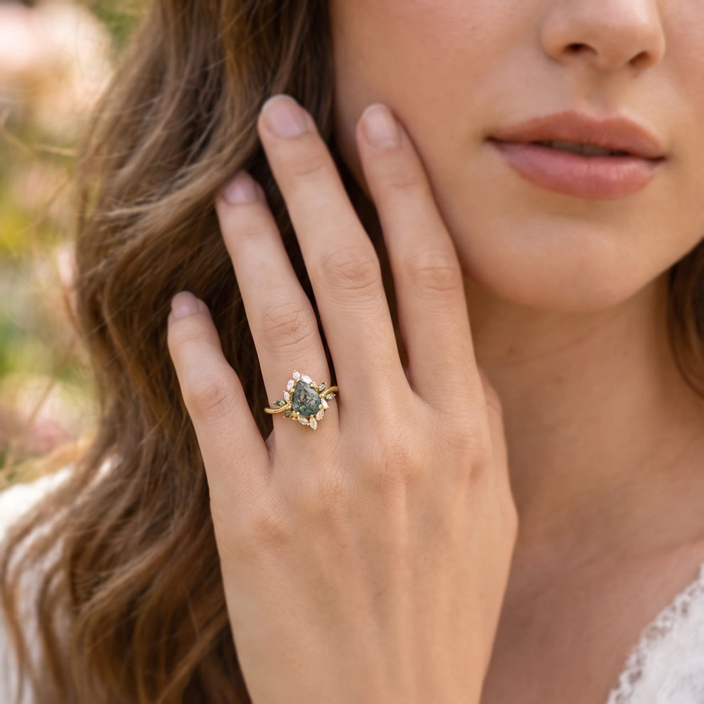 Daphne's Bloom | Pear Moss Agate & Diamond Cluster Engagement Ring