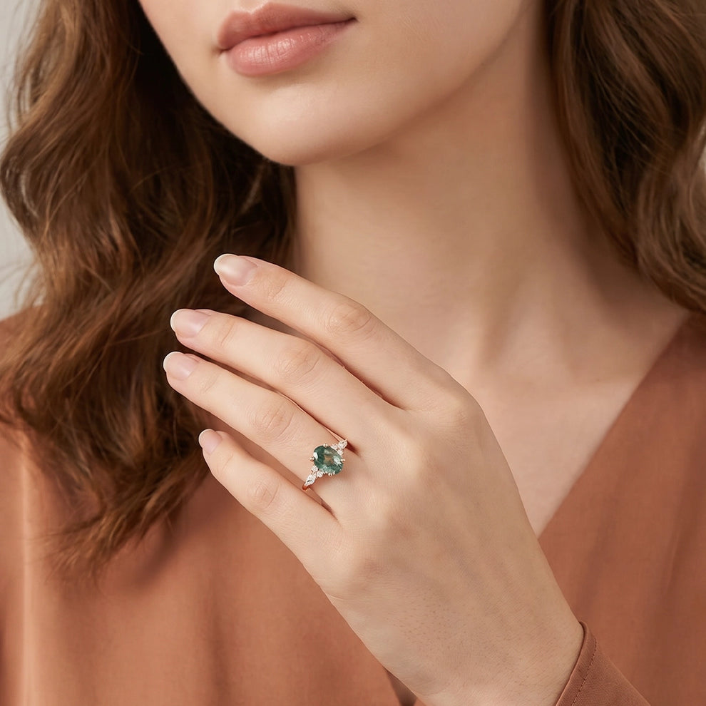 Oval Moss Agate Classic Engagement Ring.