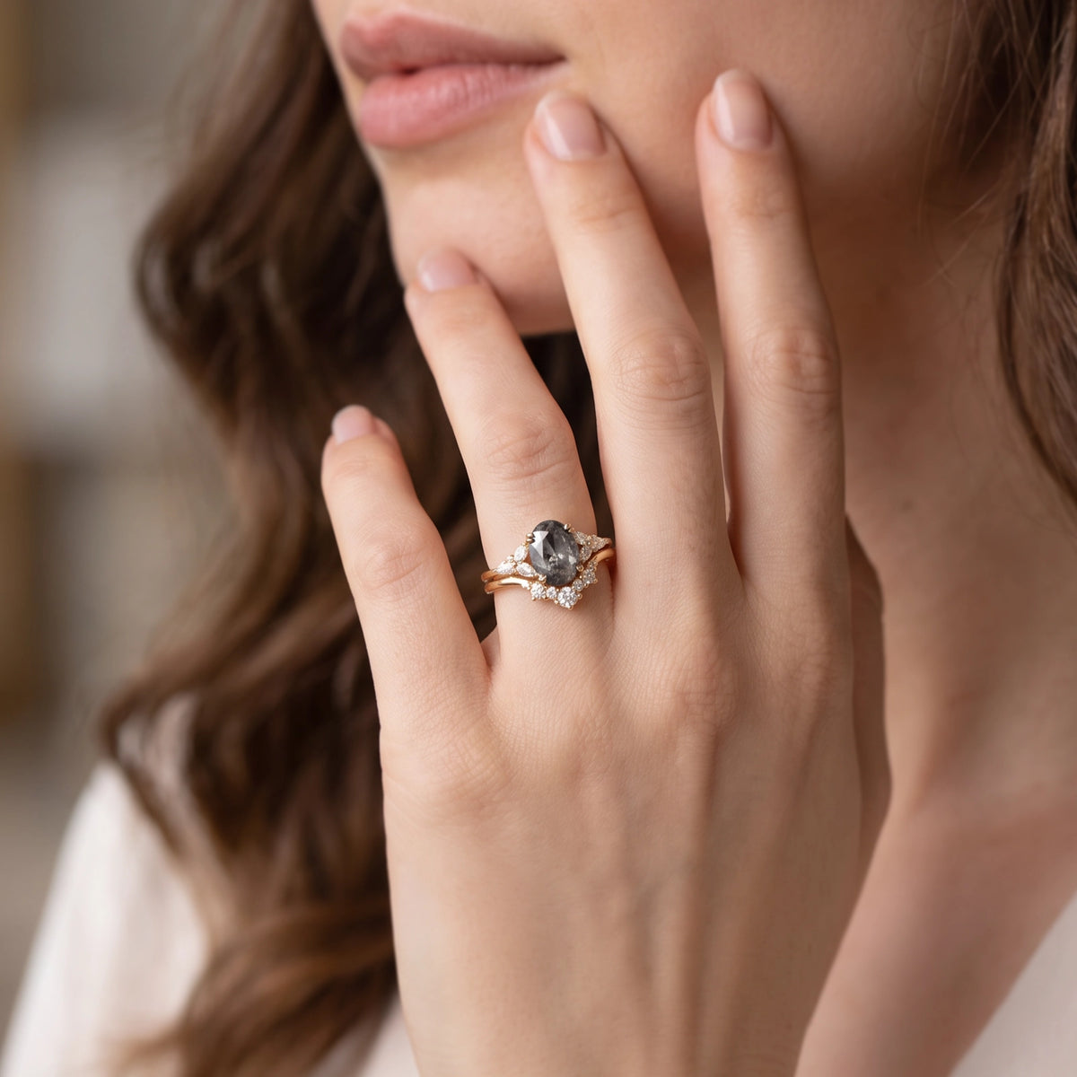 Isadora’s Bloom | 1CT Vintage Oval Salt & Pepper Diamond Cluster & Chevron Bridal Duo