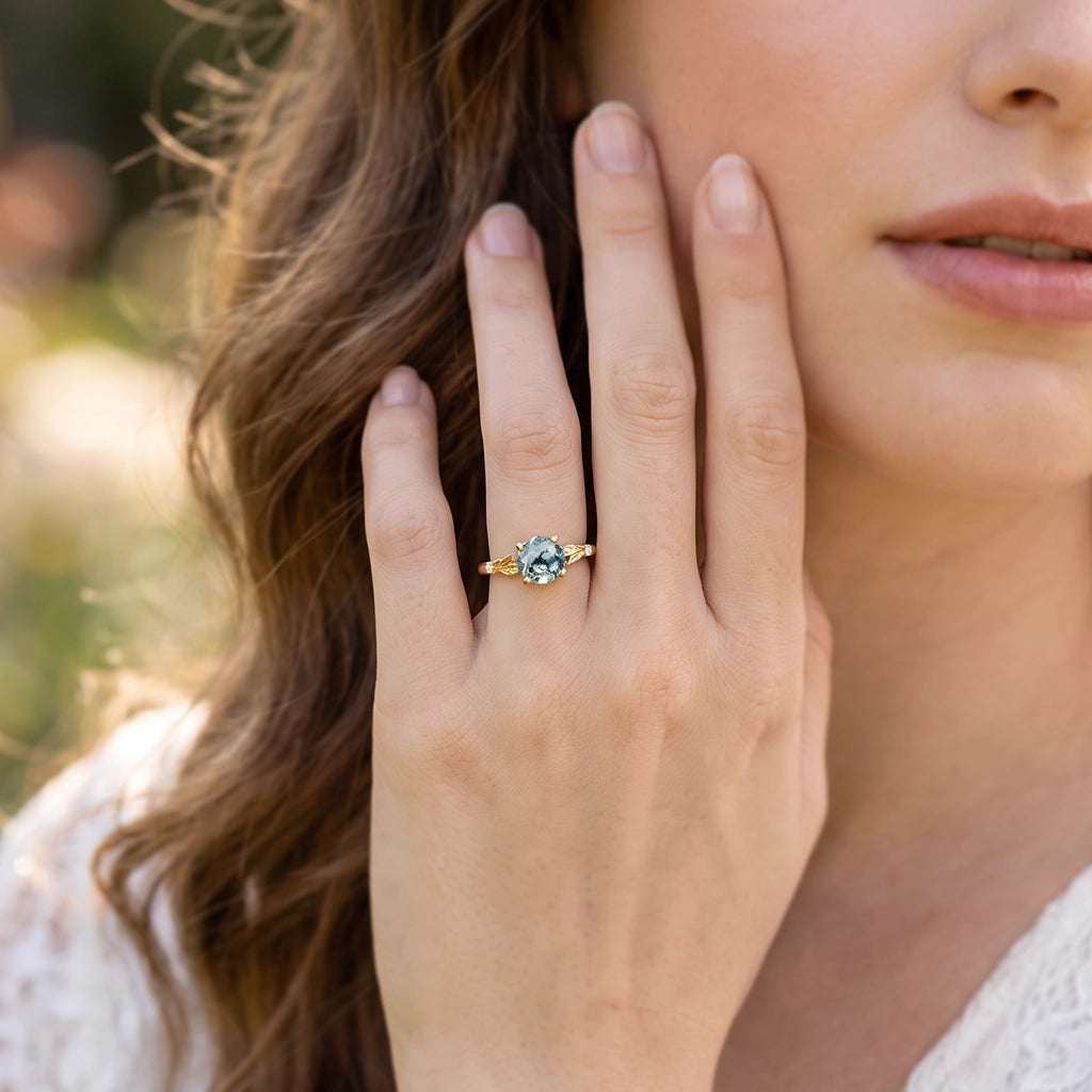 Aurelia’s Leaflet | Round Cut Moss Agate Leafy Engagement Ring