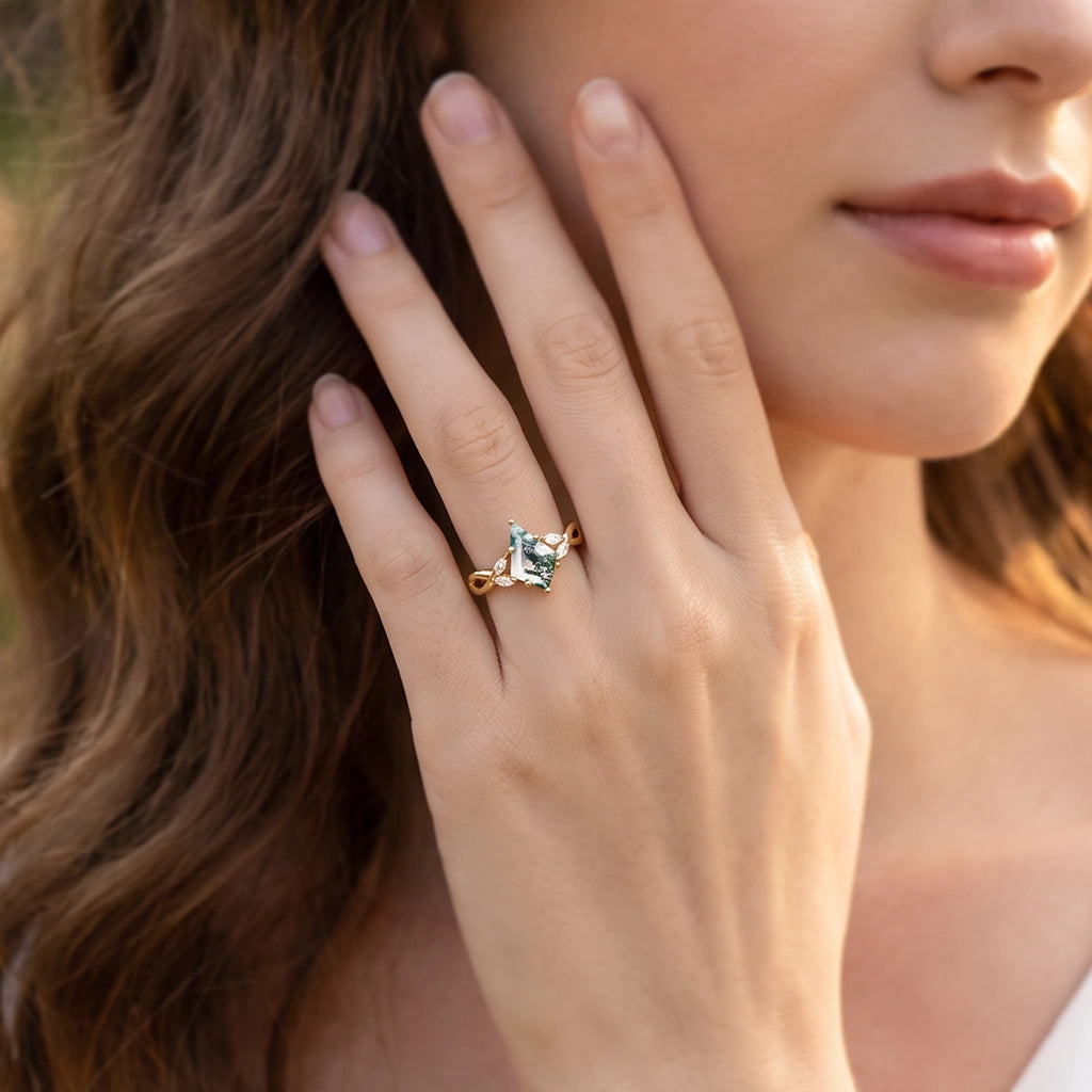 Elara’s Imprint | Kite Cut Moss Agate Engagement Ring