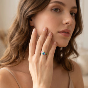 Aurora’s Leafwhisper | Swiss Blue Asscher Cut Topaz Nature Inspired Leafy Engagement Ring.