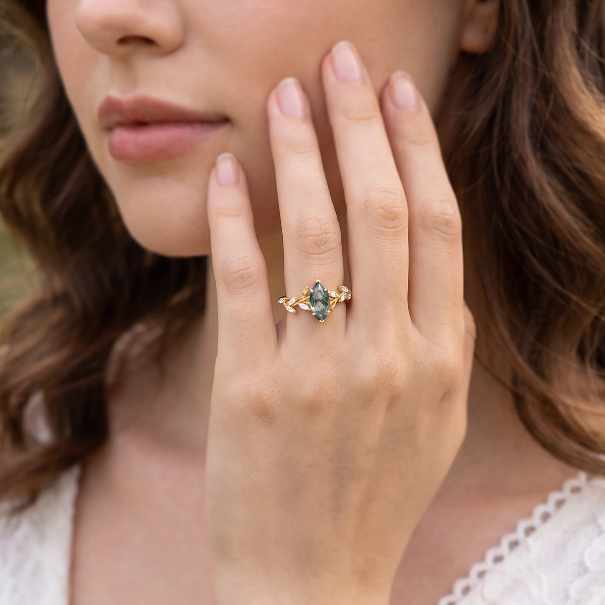 Celandine’s Tendril | Marquise Cut Moss Agate Vine Engagement Ring
