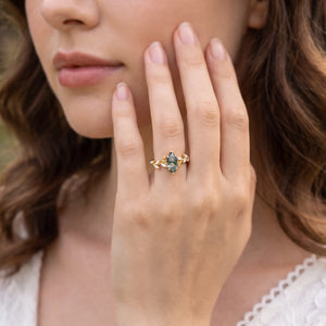 Celandine’s Tendril | Marquise Cut Moss Agate Vine Engagement Ring