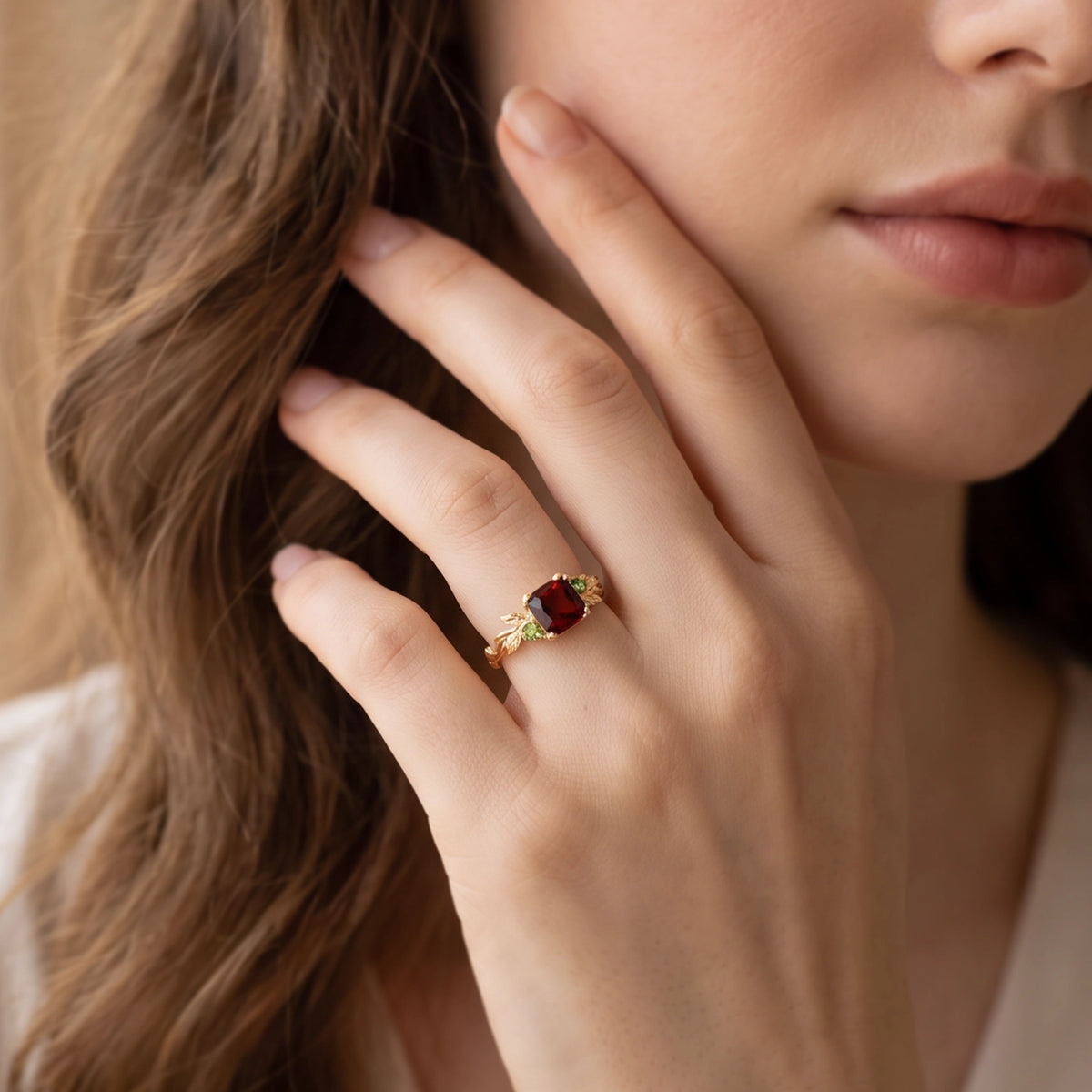 Scarlett’s Ember | Cushion Cut Garnet Solitaire Engagement Ring
