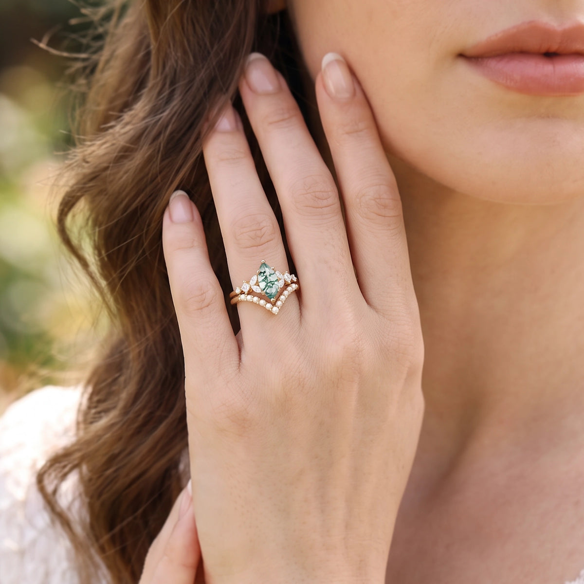 Diana’s Whisper | Marquise Moss Agate & Pearl Chevron Bridal Duo
