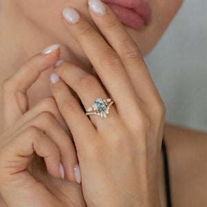 Elara’s Ellipse | Oval Cut Moss Agate Engagement Ring Set 2pcs.