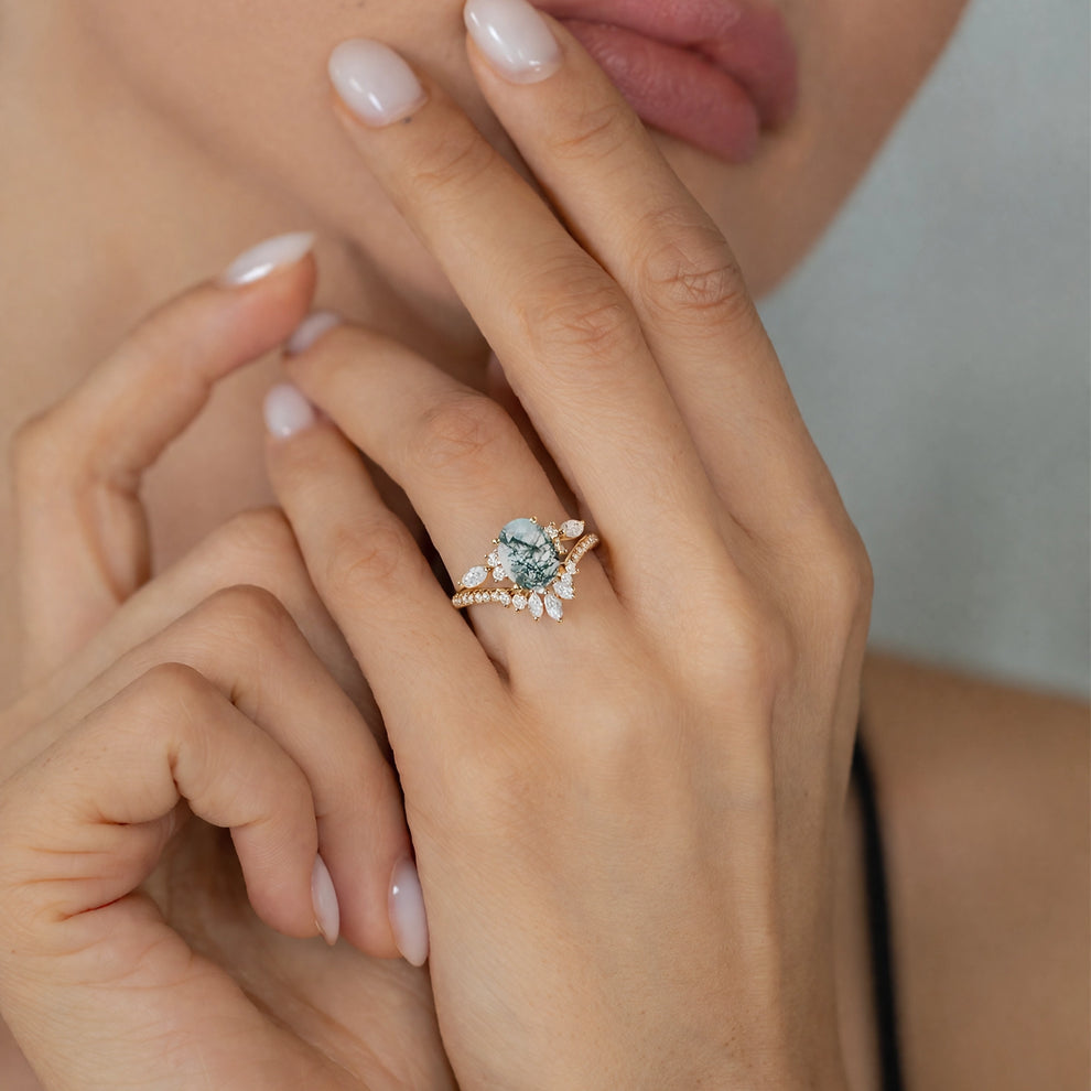 Elara’s Ellipse | Oval Cut Moss Agate Engagement Ring Set 2pcs.