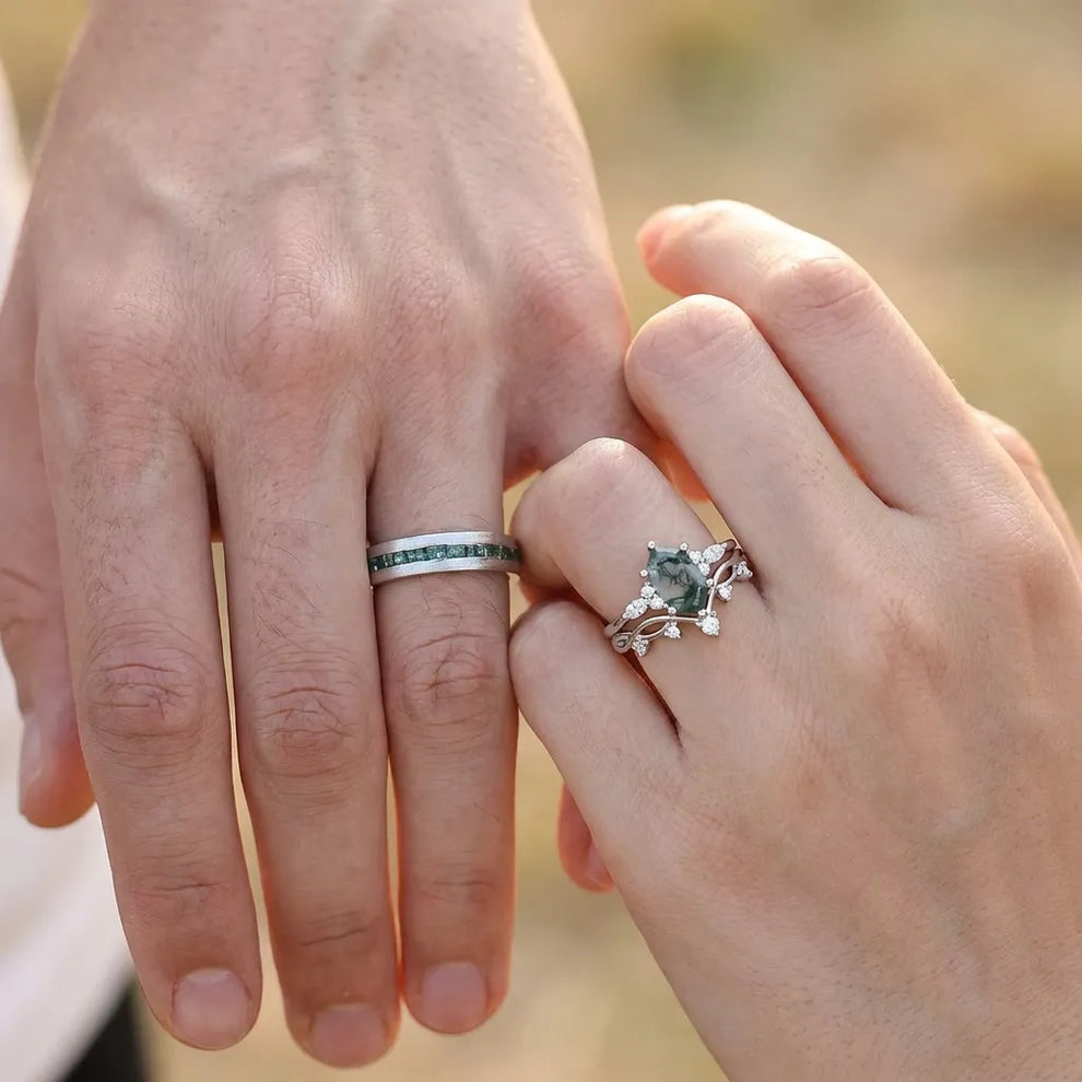 Maia’s Glade | Long Hexagon Moss Agate Leafy Couple Ring Set 3pcs.