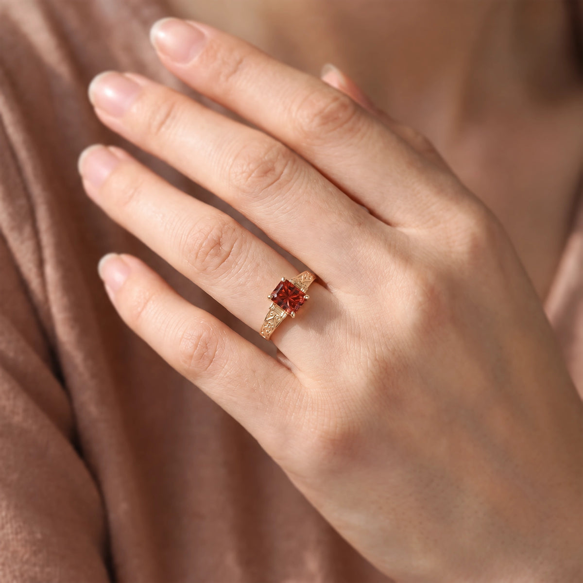 Joséphine’s Trellis | Fantasy-Cut Rectangular Garnet Solitaire Wide Engraved Band Engagement Ring