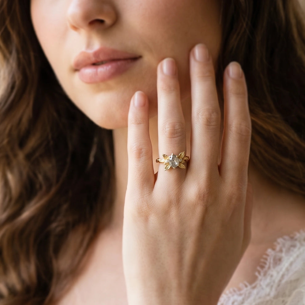 Astrid’s Stardust | 1CT Oval Salt & Pepper Diamond Flora Engagement Ring