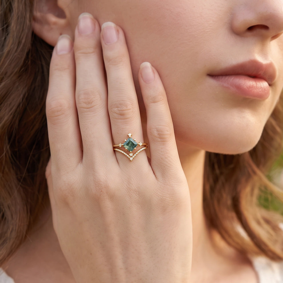Hazel’s Convergence | Square Cut Moss Agate Chevron Bridal Duo