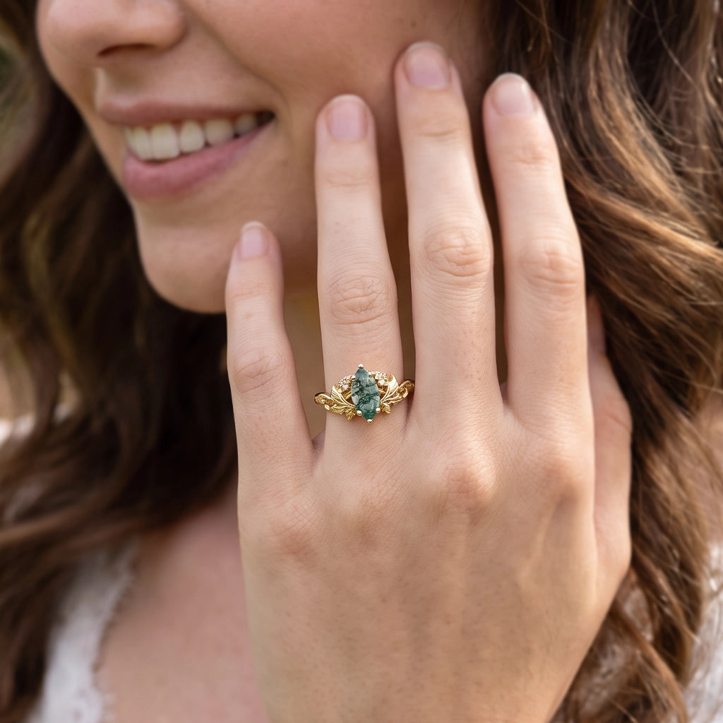Daphne’s Laurel | Marquise Moss Agate with Diamond Leaves