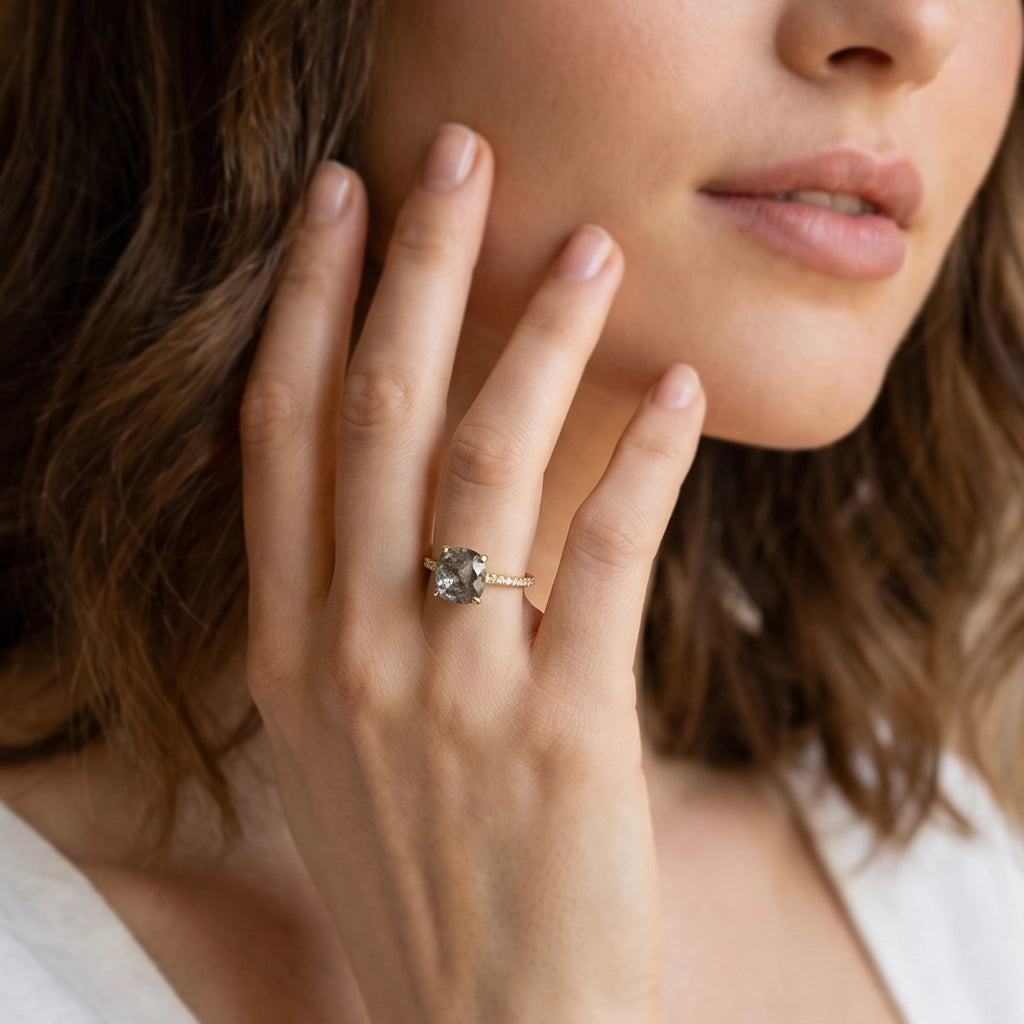 Astrid’s Stardust | 2CT Cushion Salt & Pepper Diamond Pavé Engagement Ring