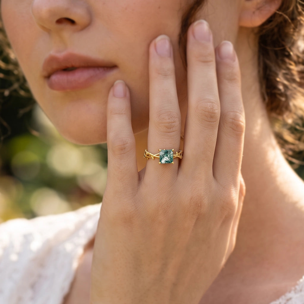 Marguerite’s Vine | Princess Cut Moss Agate Engagement Ring
