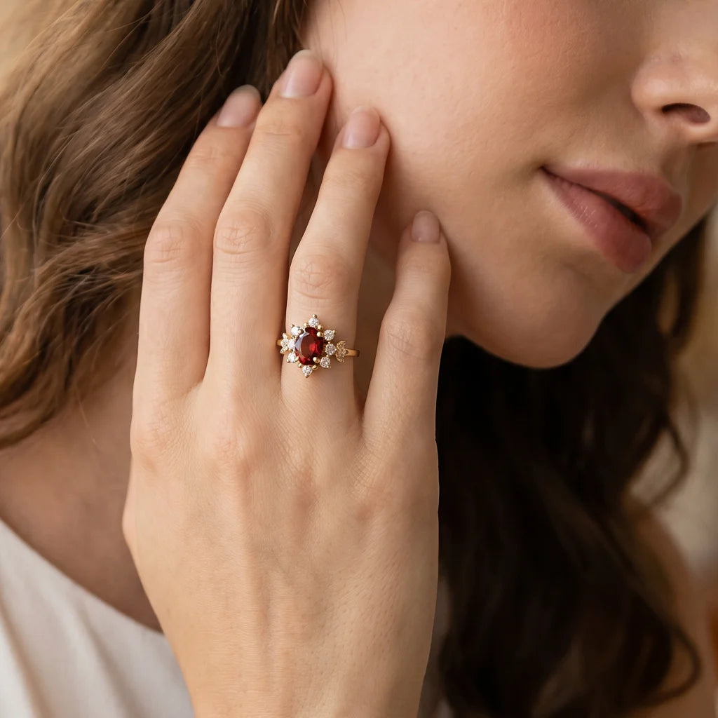 1CT Oval Cut Deep Red Gemstone Halo Engagement Ring.