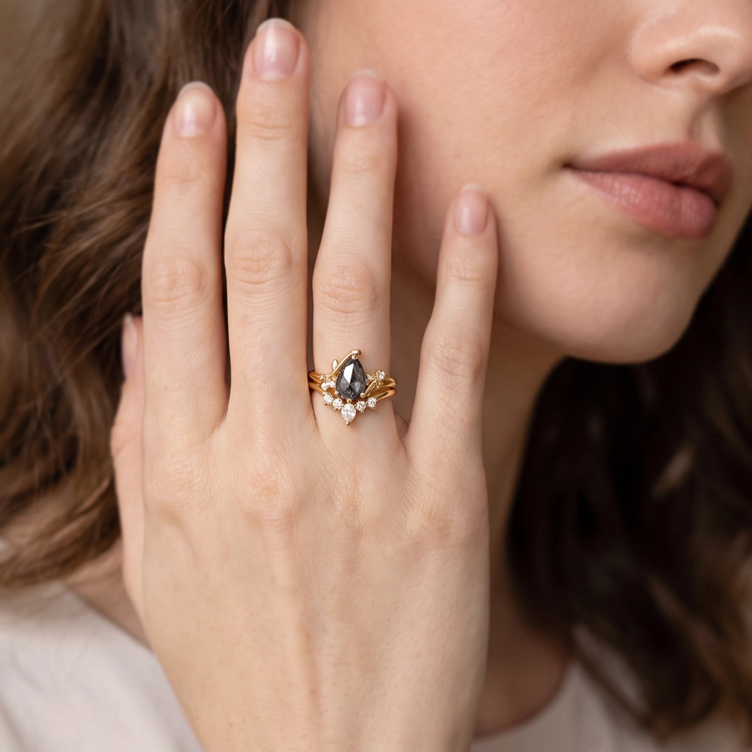 Seraphina’s Stardust | 1.5CT Pear Salt & Pepper Diamond Bridal Duo