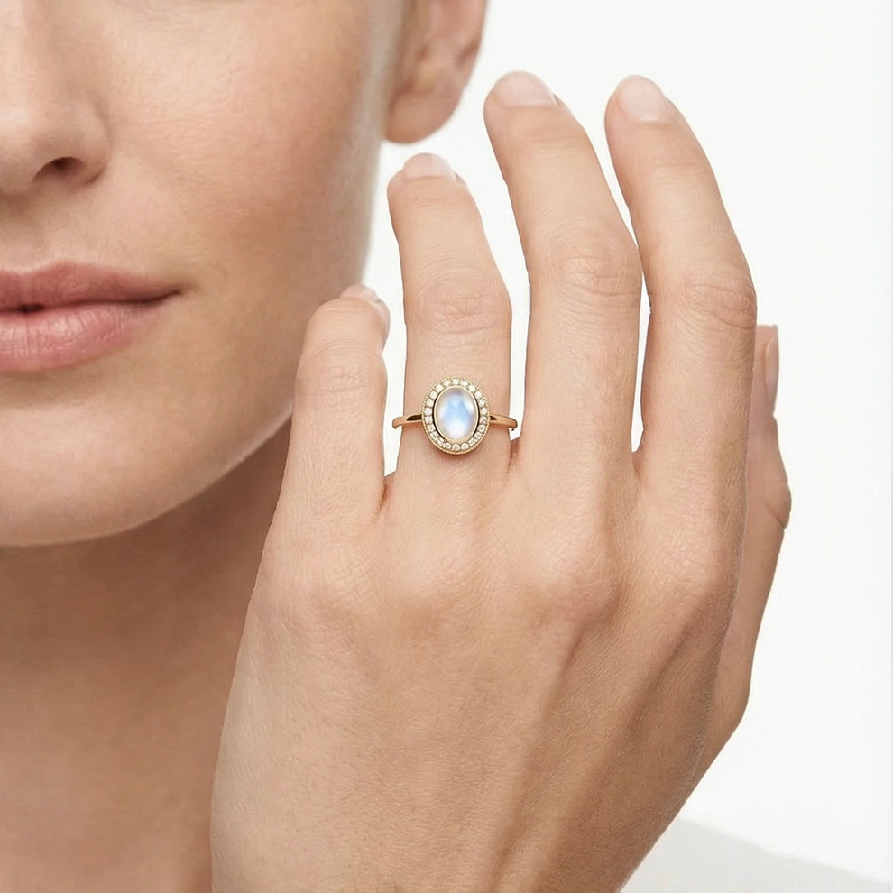 Celia’s Aureole | Classic Moonstone Halo Engagement Ring.