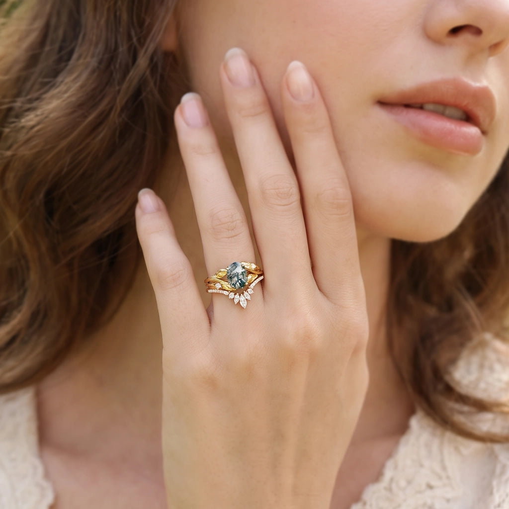 Sylvie’s Canopy | Oval Cut Moss Agate Leafy Bridal Set 2pcs