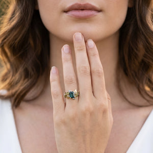 Ivy’s Embrace | Emerald Cut Blue Green Tourmaline Vine & Leaf Engagement Ring.