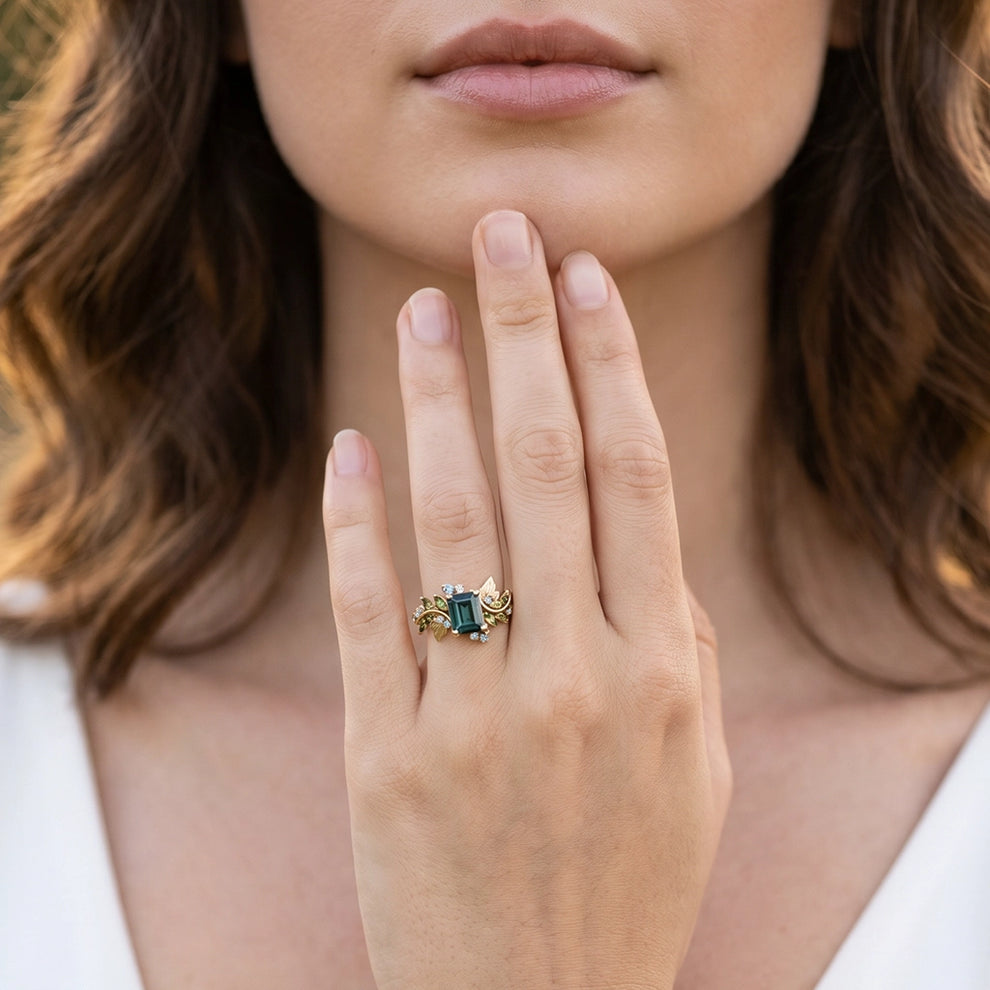 Ivy’s Embrace | Emerald Cut Blue Green Tourmaline Vine & Leaf Engagement Ring.