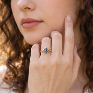 Celestine’s Mirage | Kite Alexandrite with Emerald Foliage Engagement Ring