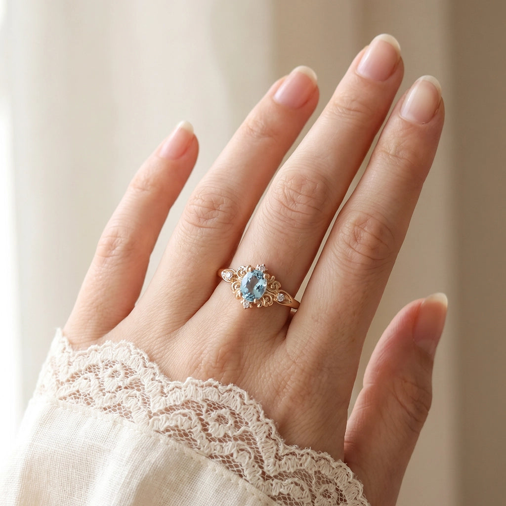 Marina’s Keepsake | Oval Cut Aquamarine Vintage Engagement Ring.