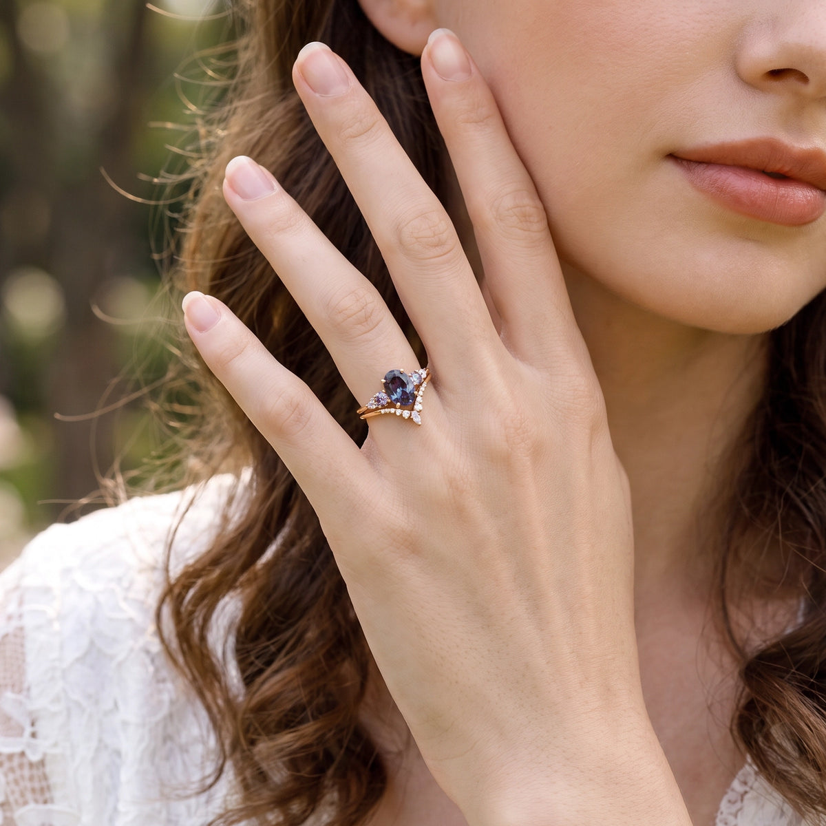 Sylvie’s Frond | Oval Cut Alexandrite Cluster Chevron Bridal Set 2pcs
