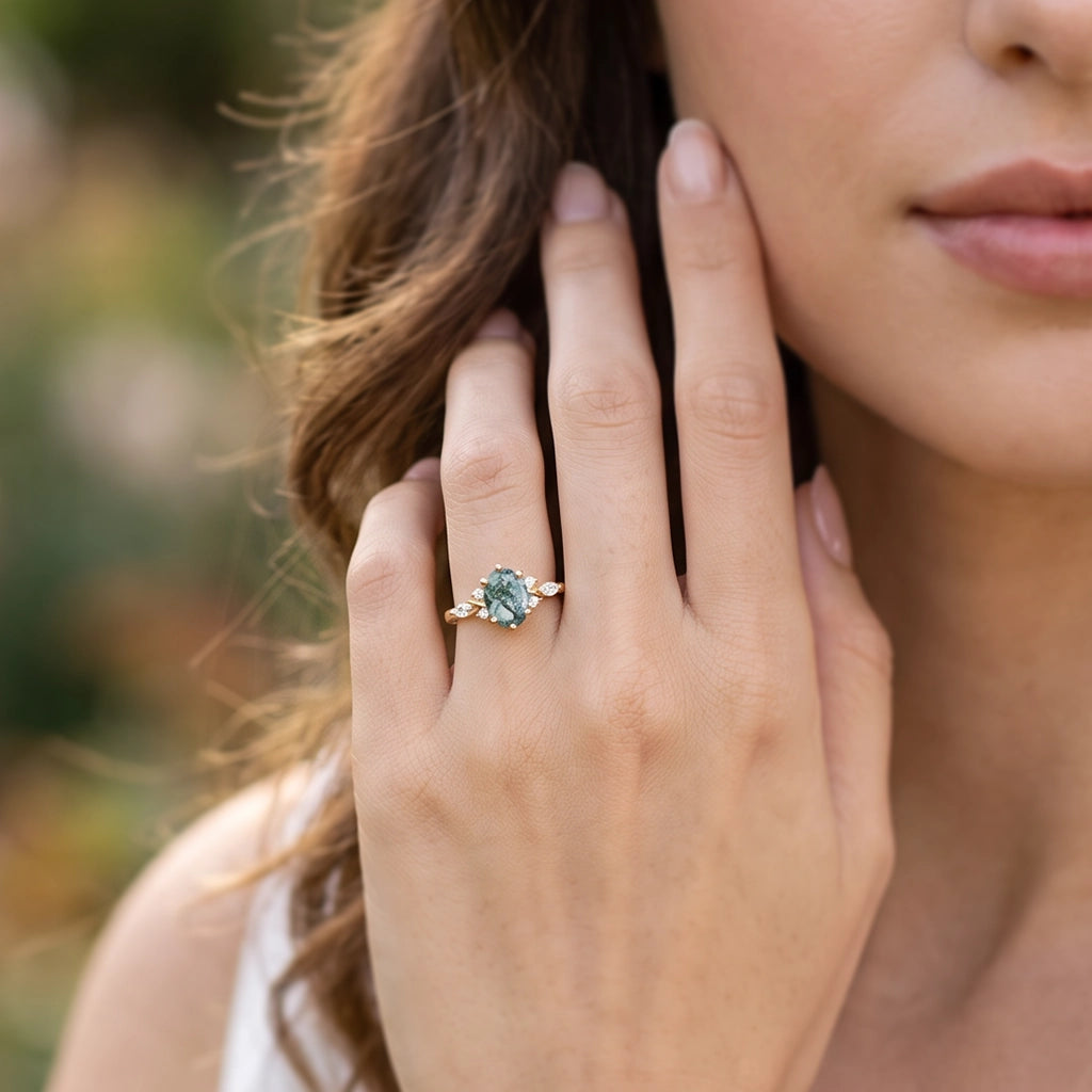Flora’s Eternal | Oval Moss Agate Infinity Engagement Ring