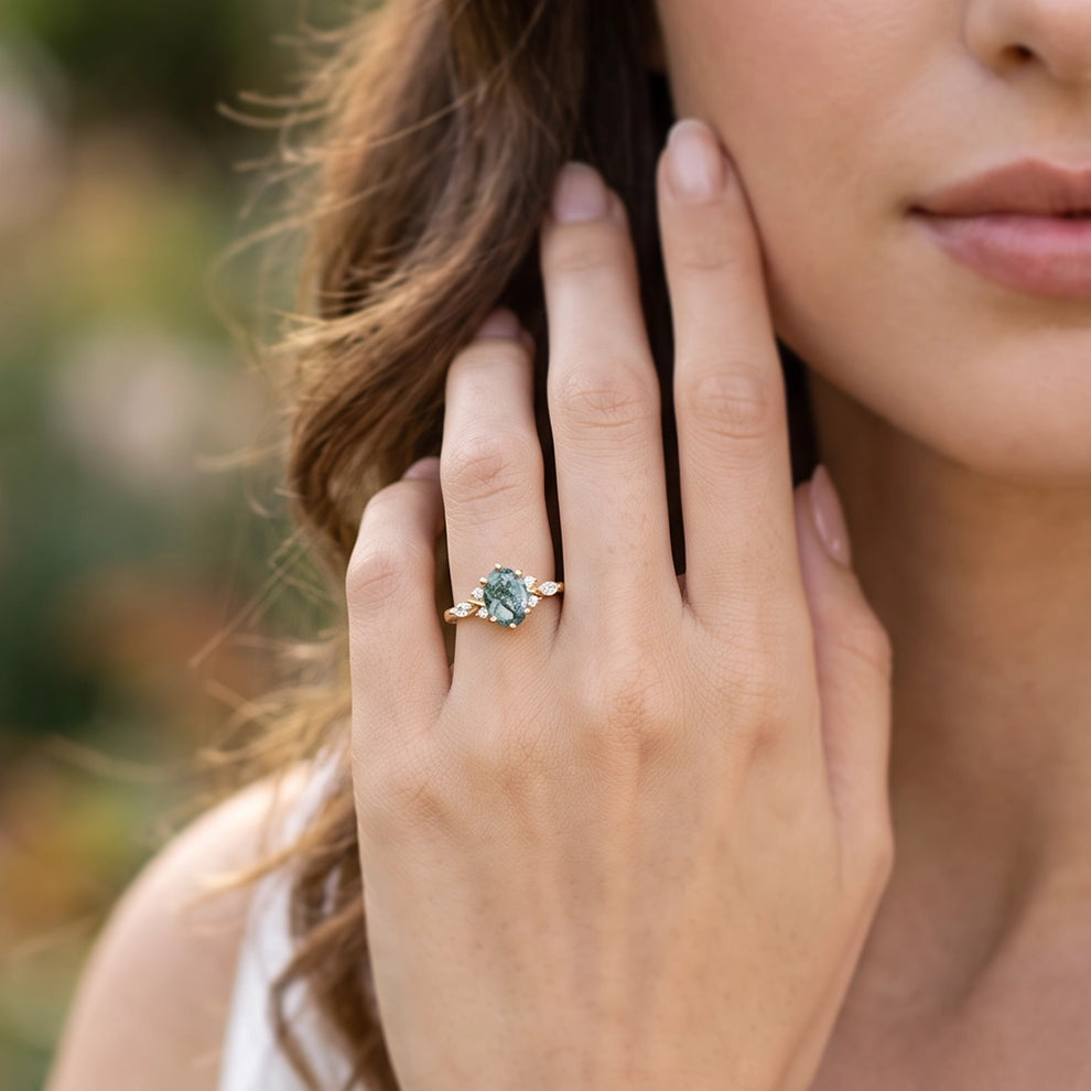 Flora’s Eternal | Oval Moss Agate Infinity Engagement Ring