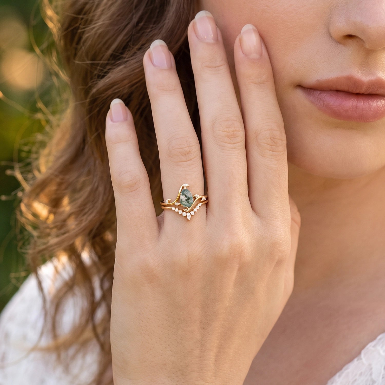 Rosalind’s Vine | Pear Cut Moss Agate Foliage Bridal Duo