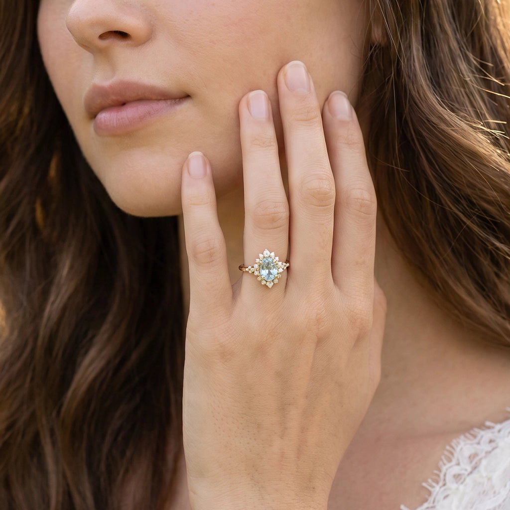 Theia’s Tide | Oval Pink Aquamarine Halo Engagement Ring.