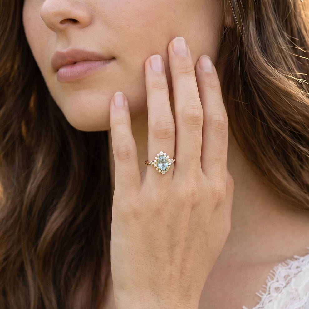 Theia’s Tide | Oval Pink Aquamarine Halo Engagement Ring.