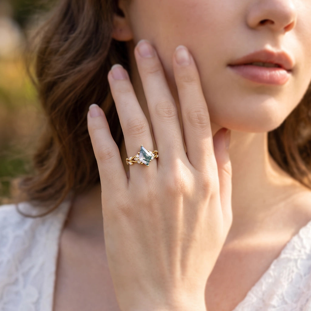 Rosalind’s Wreath | Kite Moss Agate Moissanite Accents Engagement Ring