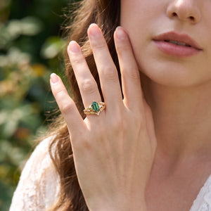 Sylvia’s Heartwood | Hexagon Cut Lab Green Sapphire Foliage Bridal Duo