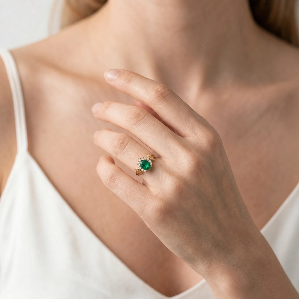 Isolde’s Halo | Rectangular Natural Emerald Engagement Ring with Diamond Halo.