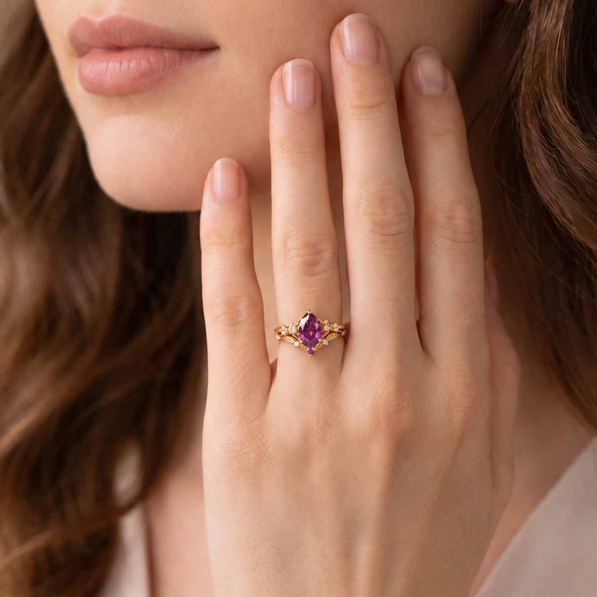 Theodora’s Diadem | Pear Fantasy-Cut Purple Sapphire Foliage Chevron Bridal Duo