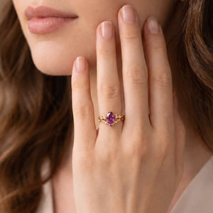 Theodora’s Diadem | Pear Fantasy-Cut Purple Sapphire Foliage Chevron Bridal Duo