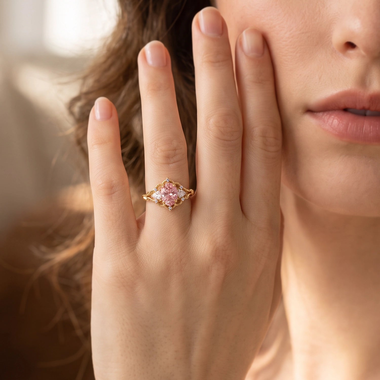Aurora’s Lotus | Oval Padparadscha Sapphire Vintage Engagement Ring