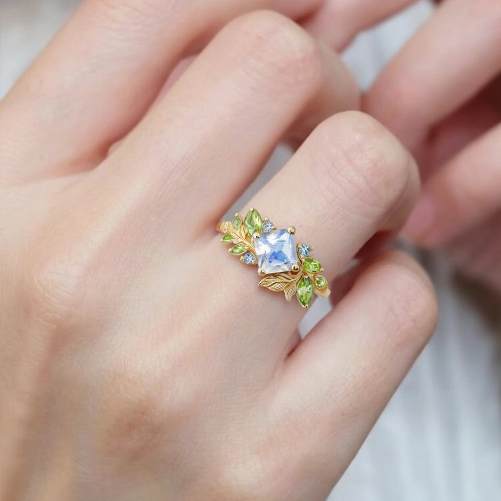 Lydia’s Bloom | Square Moonstone Vine Engagement Ring