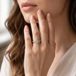 Marina’s Foliage | Hexagon Blue Aquamarine Botanical Engagement Ring