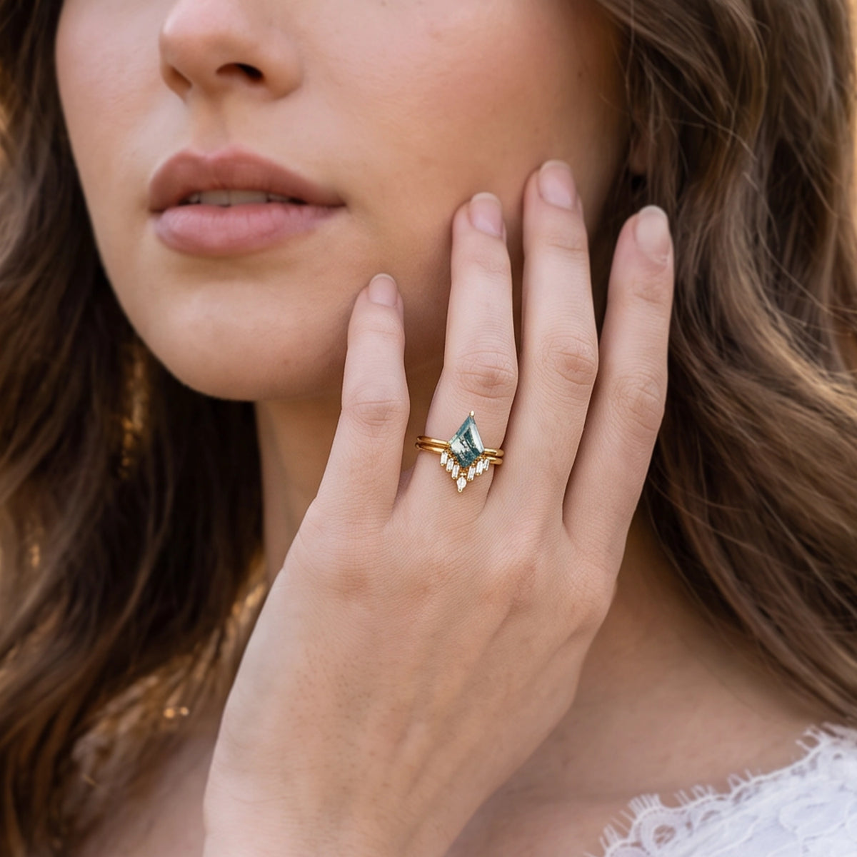 Helena’s Arbor | Kite Moss Agate with Baguette Chevron Bridal Duo