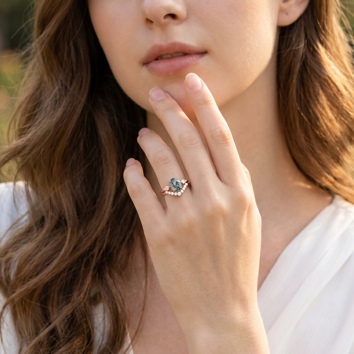 Delphine’s Wings | Oval Moss Agate Three Stone Bridal Set 2pcs.