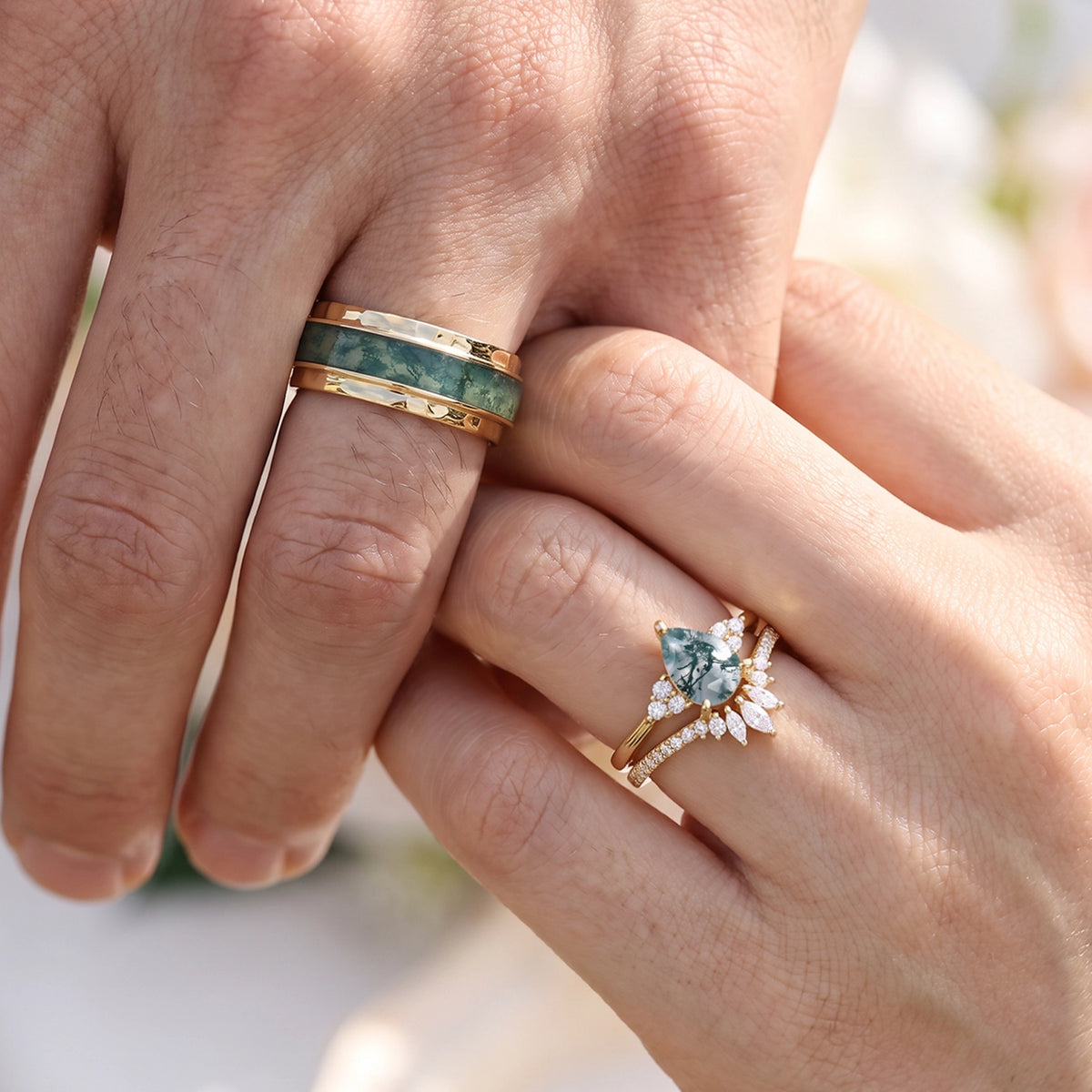 Genevieve’s Harmony | Luxurious Pear Moss Agate Bridal Set & 8MM Moss Inlay Band Couple Ring Set 3pcs